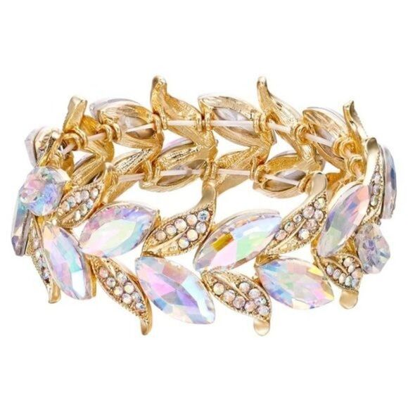 Yellow Gold and Iridescent AB Austrian Crystal Leaf Stetchable Bracelet Bangle - Picture 1 of 6